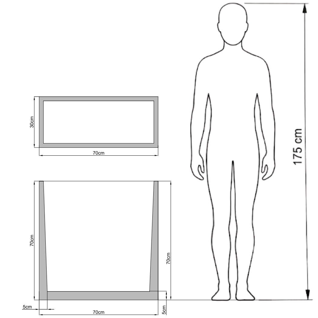 Wymiary donicy Torre 70 - rysunek techniczny 70x30x70 cm