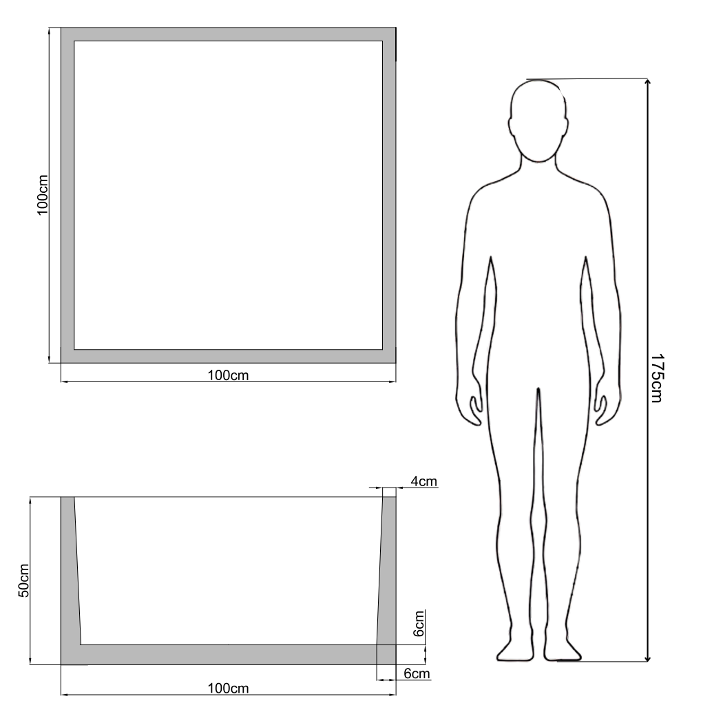Wymiary donicy Cubo 100 Low - rysunek techniczny 100x100x50 cm