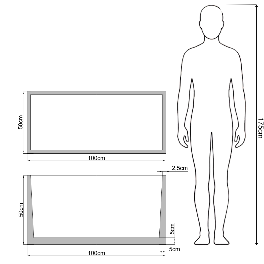 Wymiary dużej donicy betonowej Model 150 100x50x50 cm rzut techniczny