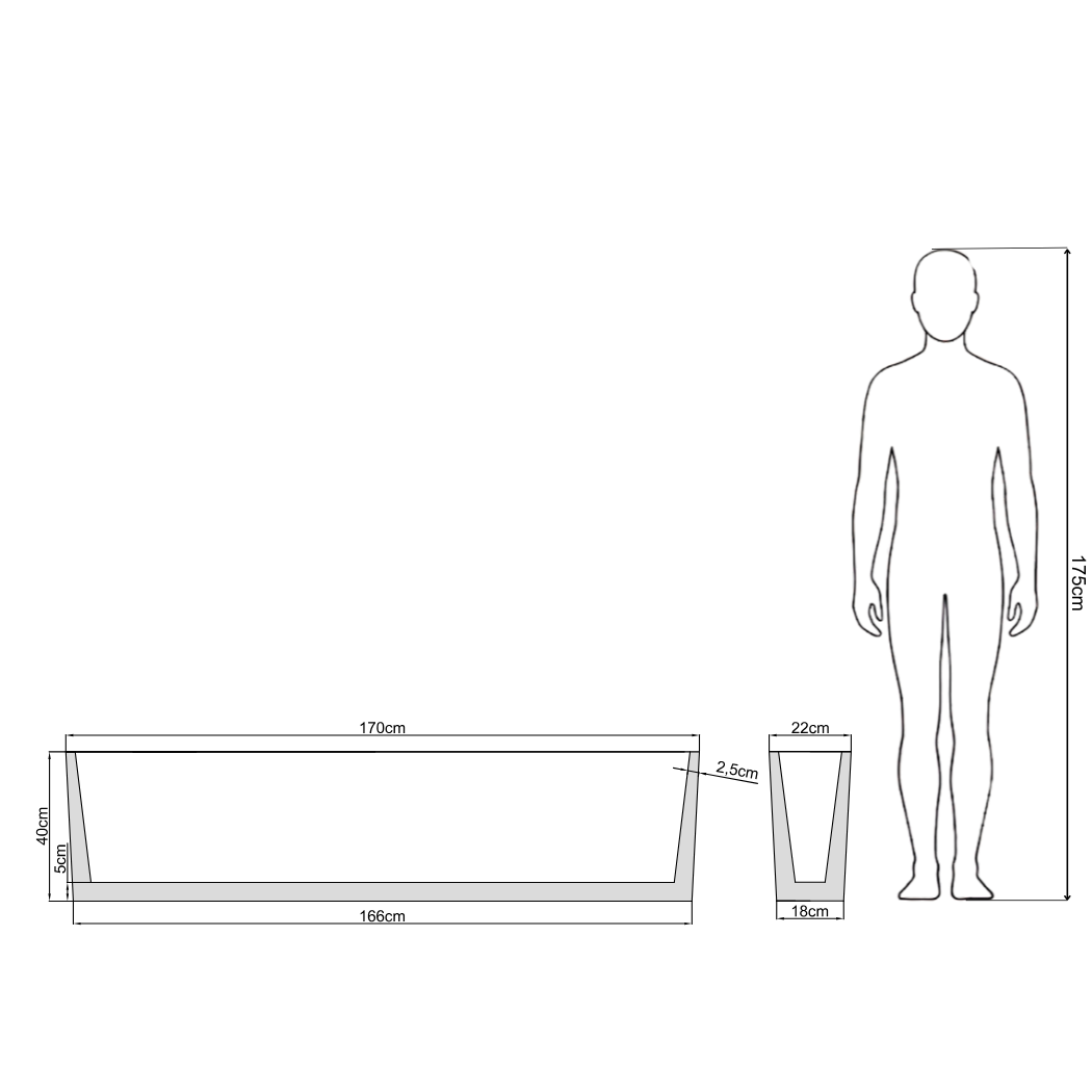Wymiary donicy Linea 170 - rysunek techniczny 170x22x40 cm