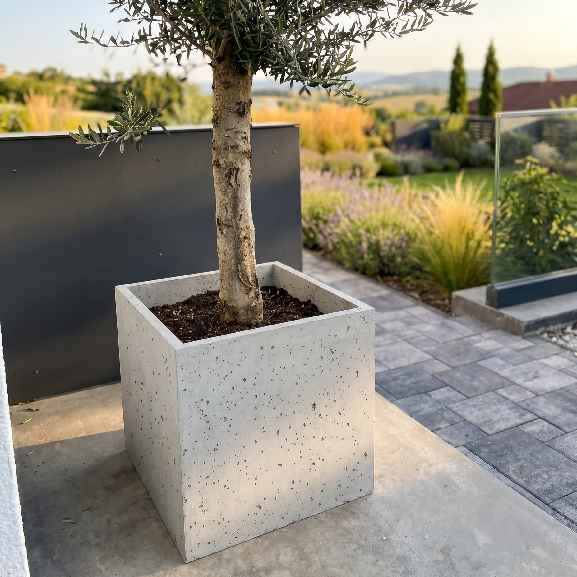 Sześcienna donica betonowa Cubo 50 w aranżacji tarasowej